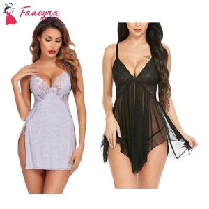 Fancyra Combo Set Women Lingerie Lace Chemise Nightgown Free Size Grey And Black Color