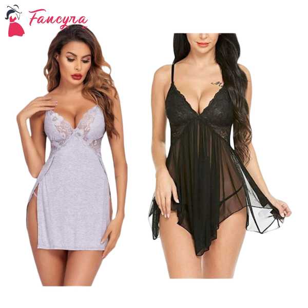 Fancyra Combo Set Women Lingerie Lace Chemise Nightgown Free Size Grey And Black Color