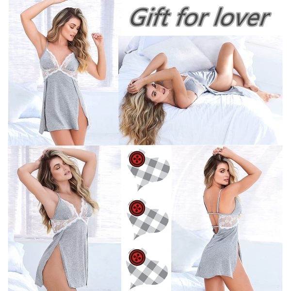 Fancyra Combo Set Women Lingerie Lace Chemise Nightgown Free Size Grey And Red Color - Image 3
