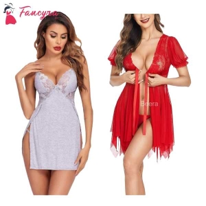 Fancyra Combo Set Women Lingerie Lace Chemise Nightgown Free Size Grey And Red Color