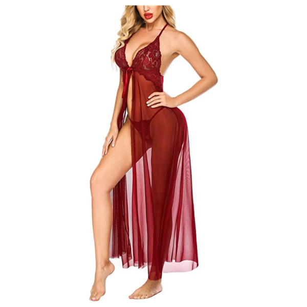 Fancyra Combo Women Lingerie Lace Babydoll High Split Maxi Long Gown Nightdress With G String Panty Free Size - Image 2