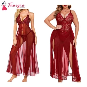 Fancyra Combo Women Lingerie Lace Babydoll High Split Maxi Long Gown Nightdress With G String Panty Free Size
