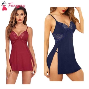 Fancyra Combo Women Lingerie Lace Chemise Nightgown Babydoll Side Slit Sleepwear Free Size