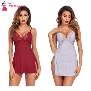 Fancyra Combo Women Lingerie Lace Chemise Nightgown Babydoll Side Slit Sleepwear Free Size
