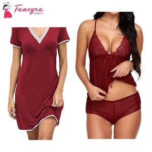 Fancyra Combo Women NightgownLingerie Nightwear With Panty Free Size