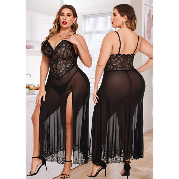 Fancyra Combo Women Nightwear Lingerie Lace Babydoll High Split Maxi Long Gown Nightdress With G String Panty Free Size - Image 2
