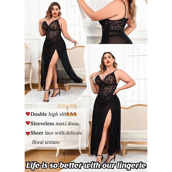 Fancyra Combo Women Nightwear Lingerie Lace Babydoll High Split Maxi Long Gown Nightdress With G String Panty Free Size - Image 4