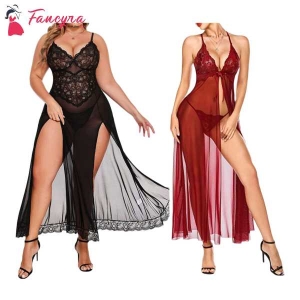 Fancyra Combo Women Nightwear Lingerie Lace Babydoll High Split Maxi Long Gown Nightdress With G String Panty Free Size