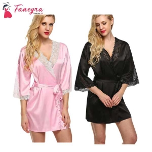 Fancyra Combo Women Satin Nightwear Kimono Robe V Neck Nightdress With Lace Design Free Size
