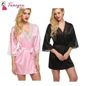 Fancyra Combo Women Satin Nightwear Kimono Robe V Neck Nightdress With Lace Design Free Size