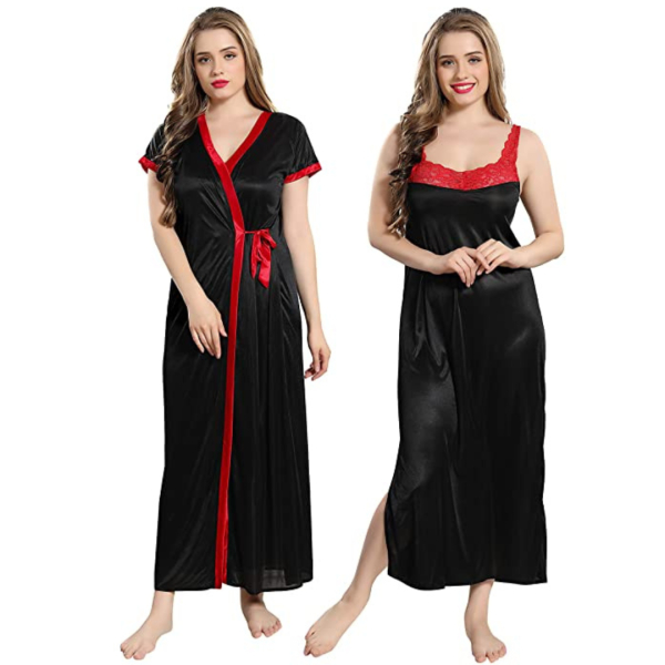 Fancyra Combo Women'S Satin Solid Maxi Nighty For Nightwear With Robe Free Size - Image 2