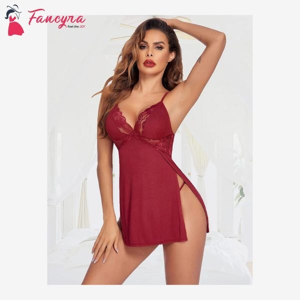 Fancyra Cotton Lingerie Lace Chemise Nightgown Babydoll Side Slit Sleepwear Free Size Wine Red Color - Image 3