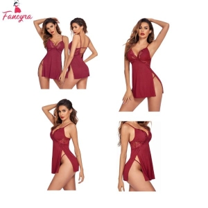 Fancyra Cotton Lingerie Lace Chemise Nightgown Babydoll Side Slit Sleepwear Free Size Wine Red Color