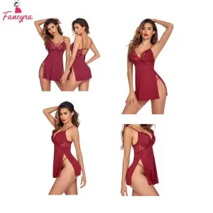 Fancyra Cotton Lingerie Lace Chemise Nightgown Babydoll Side Slit Sleepwear Free Size Wine Red Color