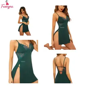 Fancyra Cotton Women Lingerie Nightgown Lace Sling Babydoll Nightdress Free Size Green Color