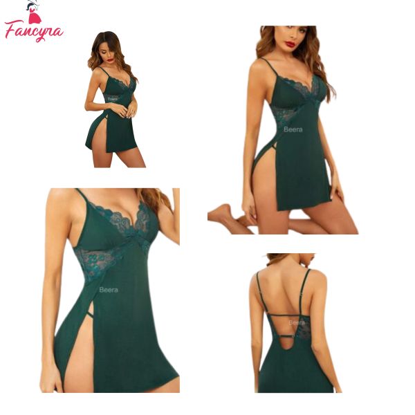 Fancyra Cotton Women Lingerie Nightgown Lace Sling Babydoll Nightdress Free Size Green Color
