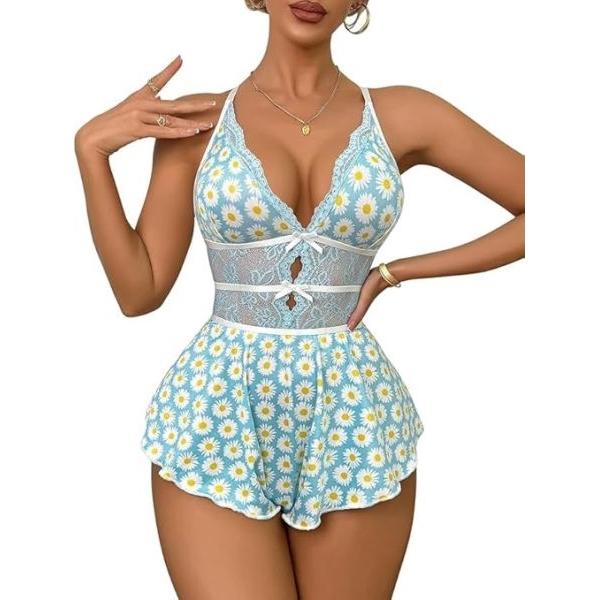 Fancyra Daisy Print Lace Sleepwear Romper Floral Nightwear Lingerie with Skirted Bottom - Image 2