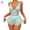 Fancyra Daisy Print Lace Sleepwear Romper Floral Nightwear Lingerie with Skirted Bottom