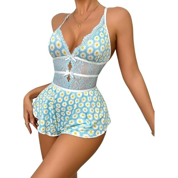 Fancyra Daisy Print Lace Sleepwear Romper Floral Nightwear Lingerie with Skirted Bottom - Image 3
