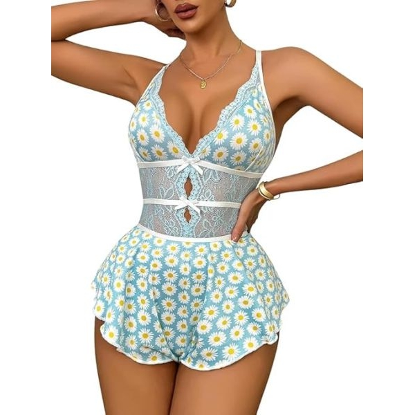 Fancyra Daisy Print Lace Sleepwear Romper Floral Nightwear Lingerie with Skirted Bottom - Image 4
