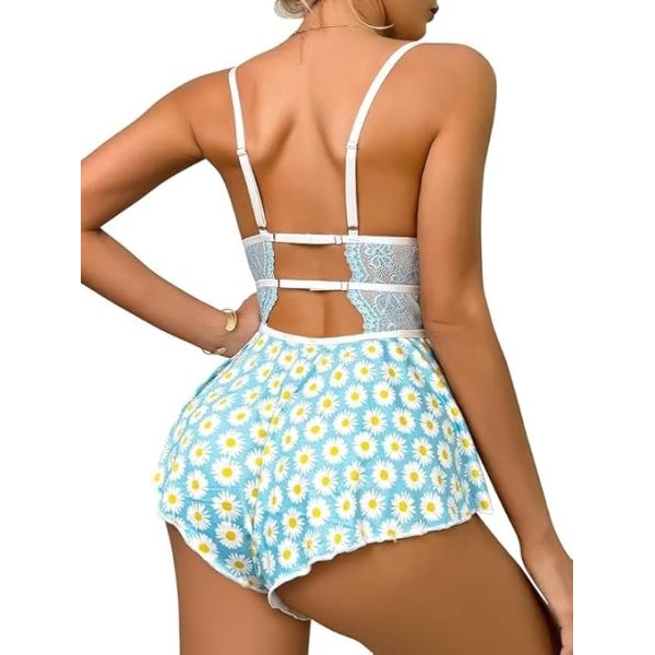 Fancyra Daisy Print Lace Sleepwear Romper Floral Nightwear Lingerie with Skirted Bottom - Image 5