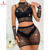 Fancyra Dazzling Black Rhinestone Fishnet Two Piece Set Crop Top & Mini Skirt Lingerie for Women