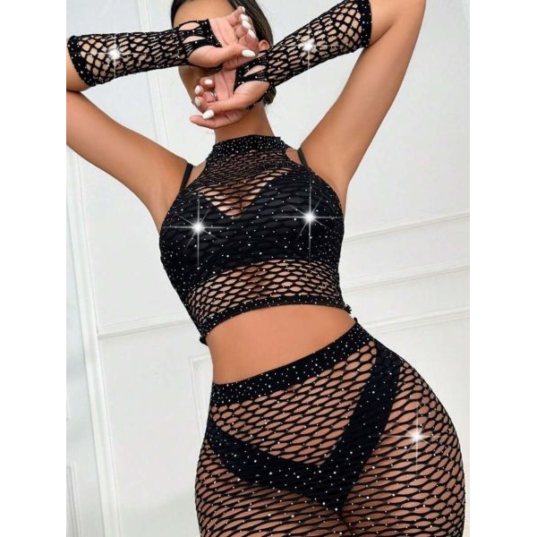 Fancyra Dazzling Black Rhinestone Fishnet Two Piece Set Crop Top & Mini Skirt Lingerie for Women - Image 4