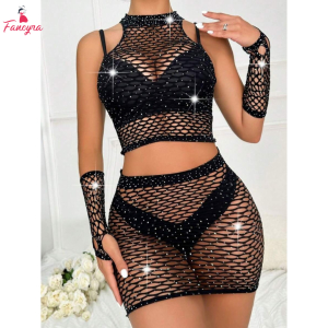 Fancyra Dazzling Black Rhinestone Fishnet Two Piece Set Crop Top & Mini Skirt Lingerie for Women