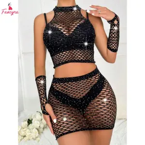 Fancyra Dazzling Black Rhinestone Fishnet Two Piece Set Crop Top & Mini Skirt Lingerie for Women