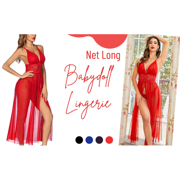 Fancyra Deep V Neck Lingerie Nightwear Mosaic Lace Mesh Nightdress For Women - Image 2