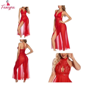 Fancyra Deep V Neck Lingerie Nightwear Mosaic Lace Mesh Nightdress For Women