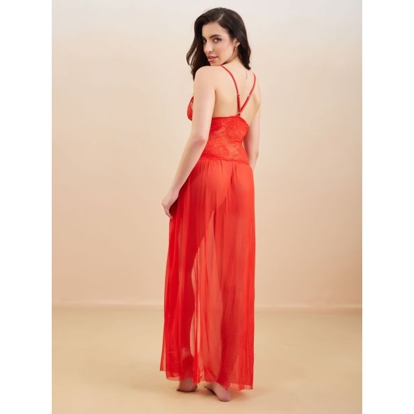 Fancyra Deep V Neck Sheer Self Design Long Nightwear Baby Doll For Women - Image 3