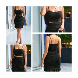 Fancyra Elegant Black Bodycon Two-Piece Set with Ruffled Skirt and Crop Top for Club Party Wear