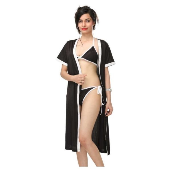 Fancyra Elegant Black Satin Nightwear Set with Robe and Bikini Bra Panty - Sleepwear - Image 2