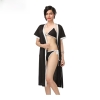 Fancyra Elegant Black Satin Nightwear Set with Robe and Bikini Bra Panty - Sleepwear
