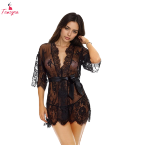 Fancyra Elegant Floral Lace Kimono Robe with Sheer Mesh Sleeves