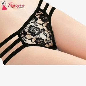 Fancyra Elegant Floral Lace Thong Panties in Black