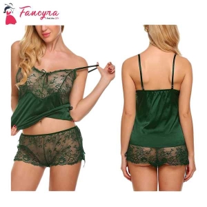 Fancyra Elegant Green Lace Babydoll Nightdress Set with Seamless Panties Free Size