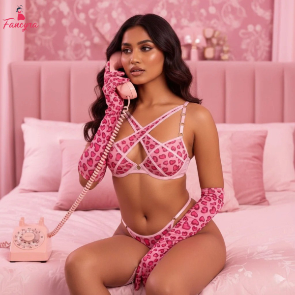 Fancyra Elegant Heart Printed Bra Panty Lingerie Set with Hand Gloves For Women - Image 3