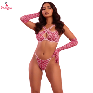 Fancyra Elegant Heart Printed Bra Panty Lingerie Set with Hand Gloves For Women