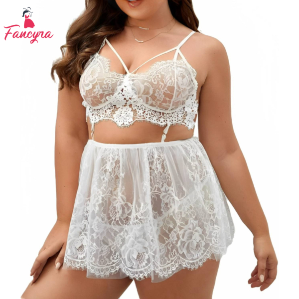 Fancyra Elegant Lace Babydoll Lingerie with Chemise Nightwear Set - Sheer Nightgown for Women - Image 2