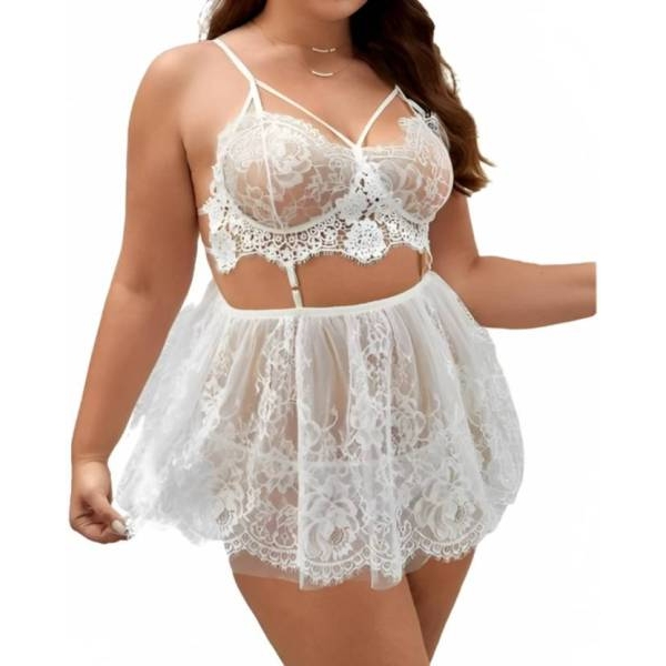 Fancyra Elegant Lace Babydoll Lingerie with Chemise Nightwear Set - Sheer Nightgown for Women - Image 3