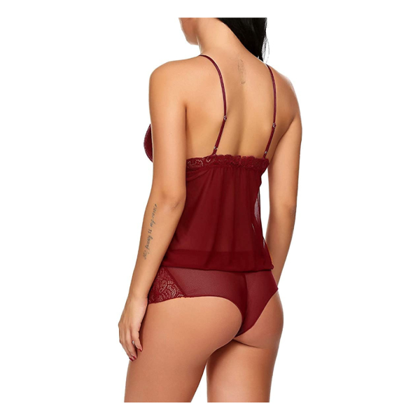 Fancyra Elegant Lace Babydoll Nightwear Set with Panty, Free Size Maroon Lingerie - Image 4