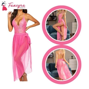 Fancyra Elegant Lace Bodysuit with Mesh Skirt Free Size Pink Lingerie
