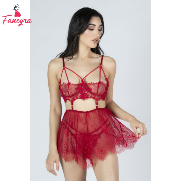 Fancyra Elegant Lace Chemise with Mesh Overlay, Floral Embroidery Babydoll Nightwear for Women - Image 4