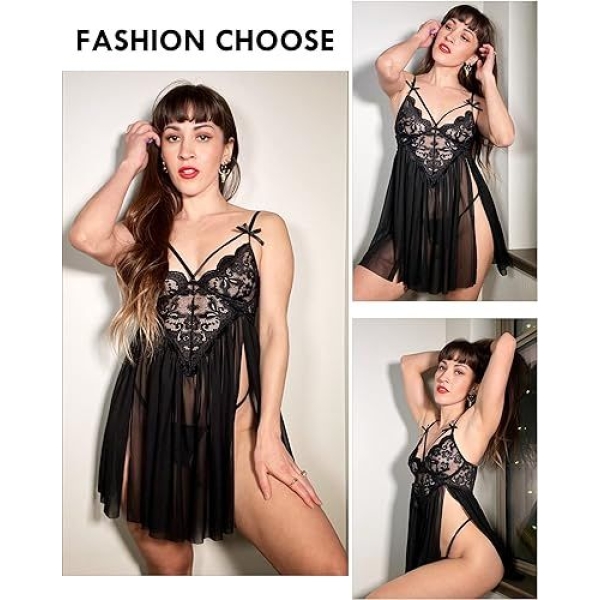 Fancyra Elegant Lace Chemise with V-Neck and Side Slit for Women - Sleepwear Nightgown - Image 3