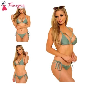Fancyra Elegant Lace Detailing Polycotton Bikini Set in Green - Free Size