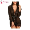 Fancyra Elegant Lace Detailing Soft Net Nightdress with Long Sleeves and Bow Tie - Free Size