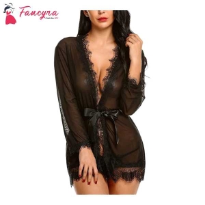 Fancyra Elegant Lace Detailing Soft Net Nightdress with Long Sleeves and Bow Tie - Free Size