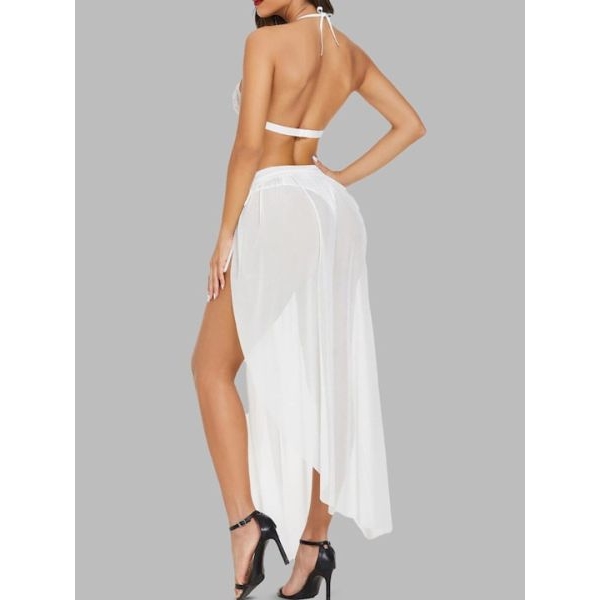 Fancyra Elegant Lace Halter Neck Babydoll Lingerie Set with Cover Up Skirt for Women - Image 4